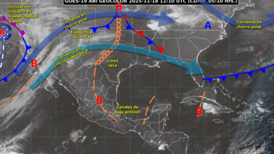 Este día, el frente frío núm. 15 se desplazará sobre el noroeste del territorio nacional, y en interacción con una vaguada polar, una circulación ciclónica en niveles medios y altos de la atmósfera.