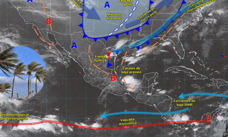 Frente Frío 16 y Masa Polar Impactan México Alerta por Lluvias Intensas y Evento de Norte
