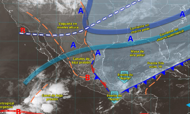 Hoy, el frente núm. 19 se extenderá con características de estacionario sobre la península de Yucatán y el sureste mexicano, ocasionará lluvias puntuales intensas en zonas de Chiapas (norte y este) y Tabasco (sur y sureste); muy fuertes en Veracruz (región Olmeca) y Oaxaca (este), y fuertes en Campeche, Yucatán y Quintana Roo.